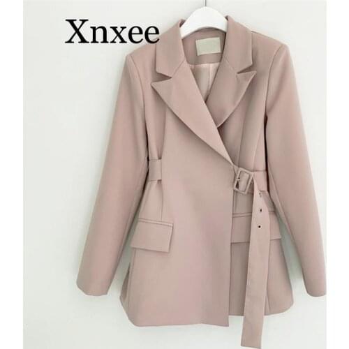 Pink office Autumn Winter Women Jackets Office Ladies Lace Up Formal Outwear Vintage Elegant Solid Pink Black Women Clothes belt