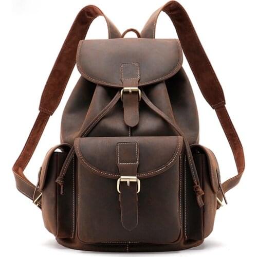 Male Retro Backpack First Layer Cowhide School Backpack For 13 Inch Notebook Fahion Sport Bucket Bag Large Capacity Travel Bags