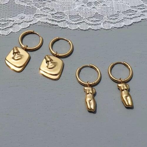 2021 Trend 18 k Stainless Steel Abstract Human Face Body Charm Huggie Hoop Earrings For Woman Unusual Earrings Vintage Jewelry