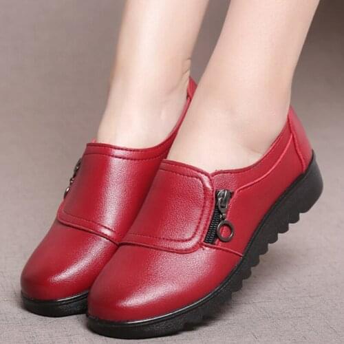 Fashion Soft Leather Round head Women Casual Flats Ladies Side Zipper Flat Oxford Shoes New Mother single Shoes