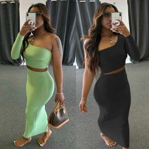 Spring and Autumn Solid Color Sexy Fashion Womens Dress Sets Long Sleeve Skew Collar Slim Long Dress