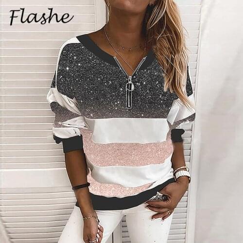 New Print Patchwork Sweatshirt Women V Neck Print T Shirt Long Sleeve Casual Tee Tops Ladies Loose T-Shirt Plus Size 2021