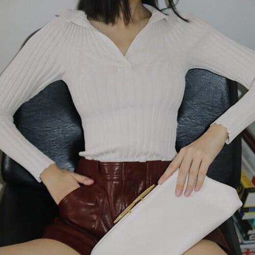 Deep V Women Knit Thin Sweater Long Sleeve Slim Simple Ladies Jumper 2021 Early Spring New