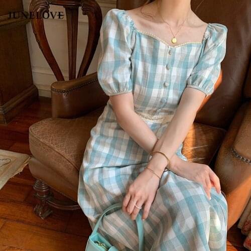 JuneLove Spring Summer Fashion Dress For Woman Elegant Plaid Botton Square Collar Puff Sleeve High Waist Dress Casual Lady Dress