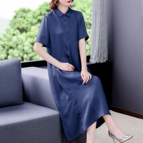2021 Summer Vintage 4XL Plus Size Solid Shirt Dress Women Casual Black Mulberry Silk Midi Dresses Elegant Bodycon Party Vestidos