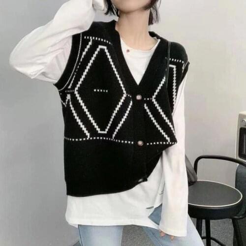 Diamond Knitted Vest Women For Spring Autumn Single Breasted Sleeveless Waistcoat Sweater Loose Fashion Cardigan Top Pull Femme