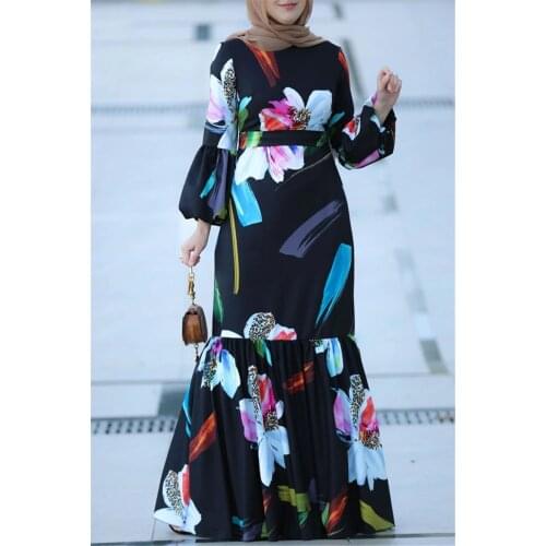 Aligaia Fashion Printing Long Dress For Women 2021 Summer New Dubai Turkey Muslim Long Satin Dress Islamic Clothing Dresses
