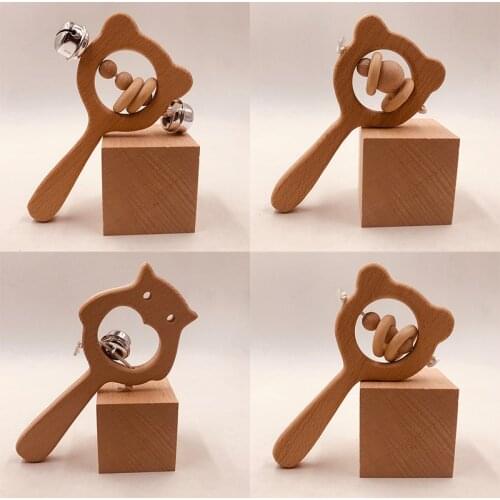 Wooden Baby Rattle Toy Baby Toy 0-12 Months Animal Bear Owl Beech Sensory Teethers Safe Hand Bell Rattle Montessori Stroller Toy