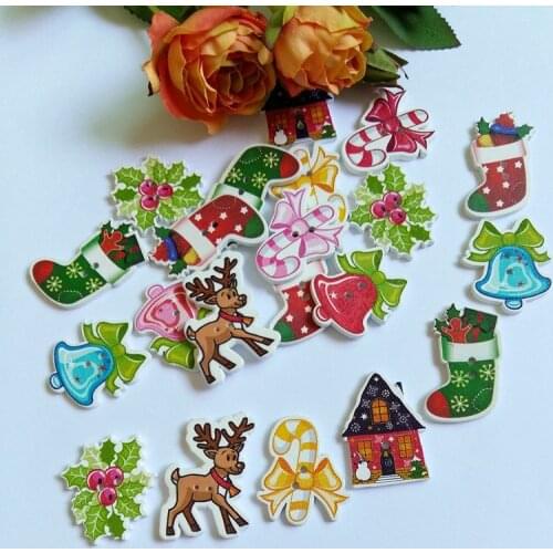 80pcs Wood Sewing Christmas series Buttons Scrapbooking 2 Holes Mixed Home Decoration Sewing Accessories Flatback Scrapbooking