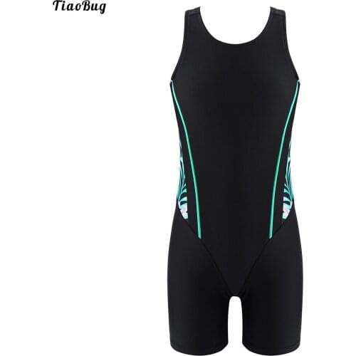 TiaoBug Summer Kids Girls One-Piece Swimwear Round Neck Sleeveless Print Short Jumpsuit Bodysuit For Beach Pool Swimming Bathing