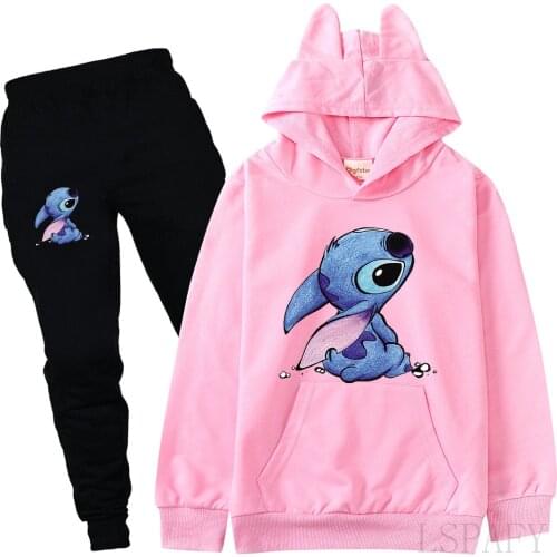 Disney Stitch Kids Tracksuit Girls Clothes Set Baby Boys Girls Hoodies and Pants Children Sportwear Clothing Fashion Sport Suit