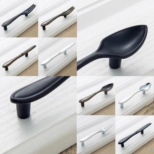 Tableware Shaped Door Knobs - Cupboard Cabinet Drawer Bin Pull Handle Matt Black/ Antique Bronze/ Chrome