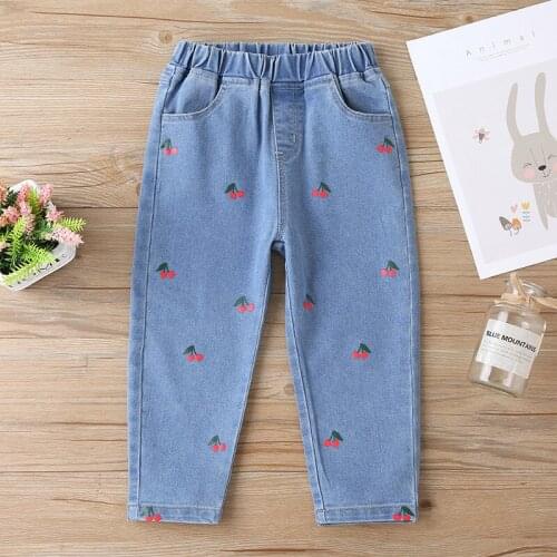 2-7 Y Toddler Girls Jeans 2021 Spring New Children Casual Print Trousers Cute Cherry Print Denim Pants for Girl Kids Jeans Pants