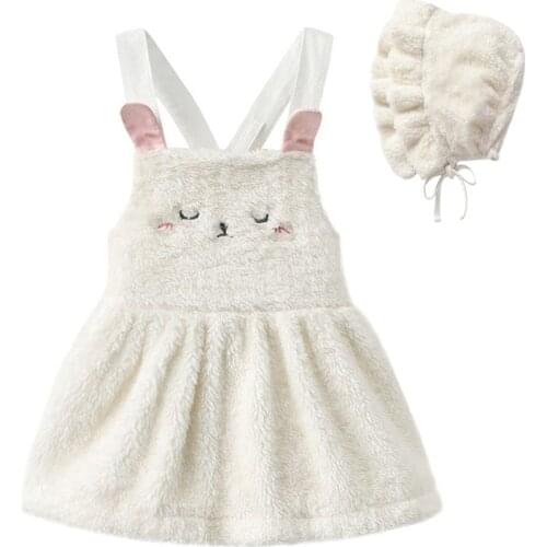 Infant Little Girls Fall Winter Fleece Rabbit Overall Dresses and Hat Suspenders Cute Dress for Girl