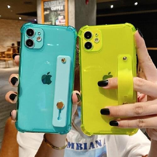 Fluorescent Color Transparent Phone Case For iPhone 12 Mini 11 Pro X XR XS Max 7 8 Plus SE2 Wrist Strap Silicone Anti-Fall Cover