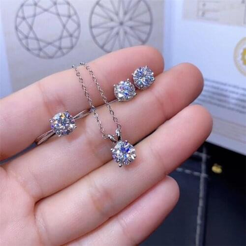 Moissanite Jewelry Set 1CT 6.5MM Earring Lab Diamond Ring Test Passed Pendant Fine Jewelry Real 925 Sterling Silver Necklace