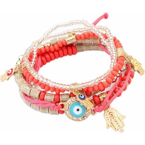 Lureme Bohemian Beads Multi Strand Hamsa Hand Evil Eye Charms Stretch Bracelet Set for Women Gift (bl003164)