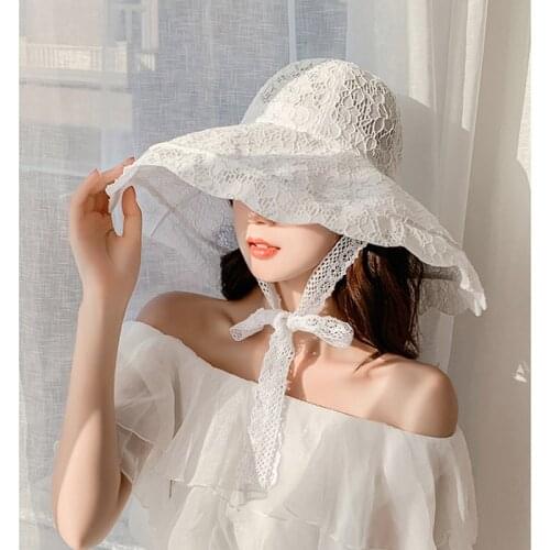 Fashion Lace ribbon big edge Women Summer Beach Hat Holiday Sun Visor Strap Adjustable Wide Brim Floppy Hat Girl Cap Elegant