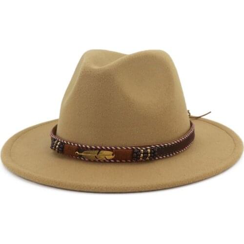 Men Women Vintage Ethnic Felt Shallow Fedoras Hat With Woven Belt Buckle Sunscreen Wide Brim Formal Floppy Trilby Jazz Cap