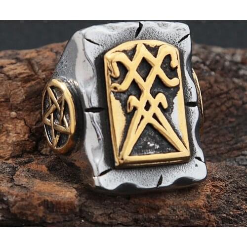 2021 New Gothic Satanic Cross Ring Mens Retro Stainless Steel Cyclist Pentagram Ring Fashion Jewelry Gift Wholesale