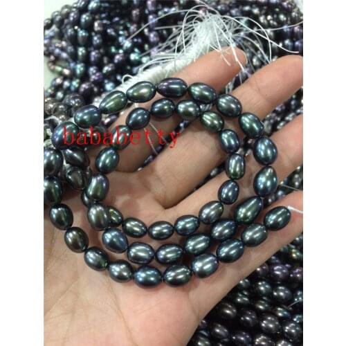 New 7-8MM natural freshwater black rice shape Malachite green pearl loose beads 14inch