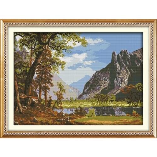 Landscape of Lakes and Hills Scenery Counted Cross-Stitching Printed Handmade Set Cross-stitch Kits Embroidery Needlework