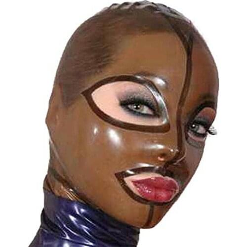 Transparent Brown Latex Hood Back Zipper Beautiful Girl Rubber Mask Club Wear adult toys