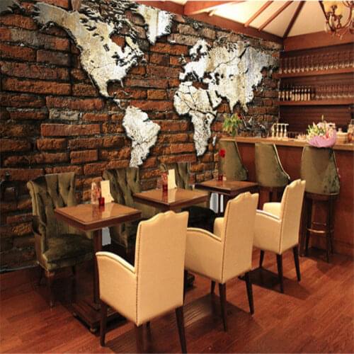 Retro Brick Wall World Map Mural Bar Cafe Restaurant Industrial Decor Background Wallpaper 3D Clothing Store Wall Paper 3D