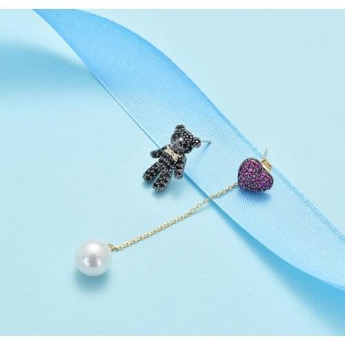 Luxury Long Chain Heart Hanging Pearl Drop Earrings for Women Bear Asymmetry Zircon Dangle Earring Wedding Statement Jewelry