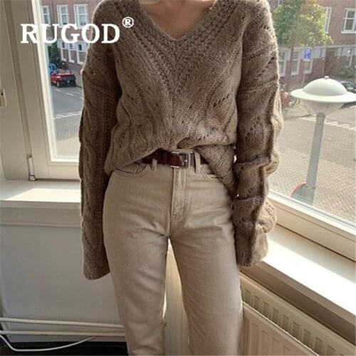 RUGOD 2019 New Women Solid Twist Knitted Sweater V-neck Long Sleeves Loose Plus Size Pullover Sweater Korean Casual Autumn Coat