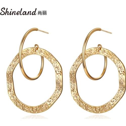 Shineland New Exaggerated Metal Big Circle Brincos Hyperbolic Fashion Retro Round Hollow Ladies Drop Earrings Jewelry Gifts