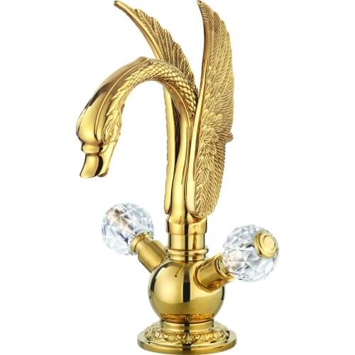 EMS Free shipping Gold finish PVD bathroom basin sink swan mixer faucet crystal double handles