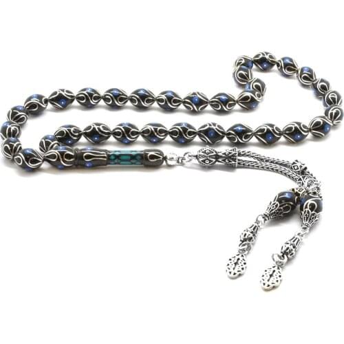 Tesbihane 925 Sterling Silver Tassels Silver-Turquoise Embroidered Barley Cut Erzurum Oltu Rosary (M3)