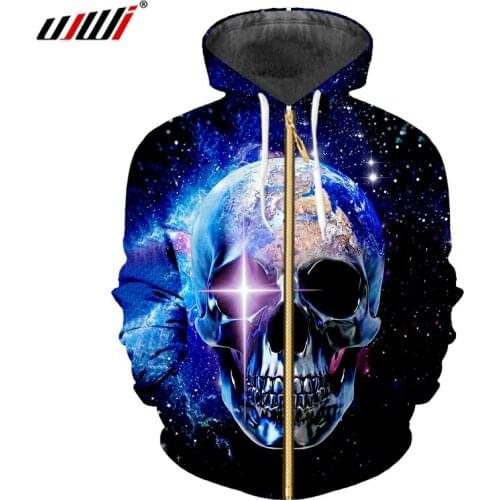 UJWI Zipper Hoodies Man New Sweatshirts Fashion Hooded Coat 3D Printed Blue And Starry Skull Plus Size 6XL Autumn Pullover