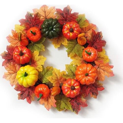 44cm Maple Leaf Pumpkin Wreath Autumn Decor Thanksgiving Gold Decorations Autumn Harvest Pumpkin Garland Halloween Door Decor