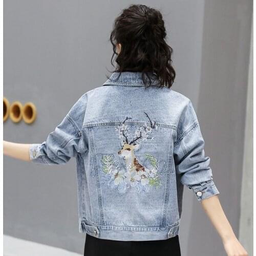 2021 Spring Autumn Denim Jackets Women Embroidery Jeans Coats Tops Cotton Outwear Wild Long Sleeve Denim Coat Female Basic Coat