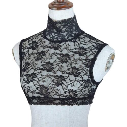Women Turtleneck Floral Lace Half Shirt Faux Collar Scalloped Trim Bottoming Sleeveless Vest Decorative Dickey Crop Top