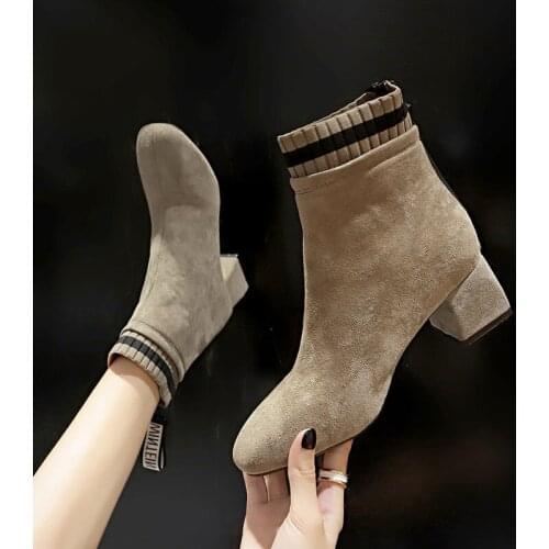 Fashion Korean Fall Plus Size 35-42 Women Ankle Boots Ladies Office High Heels 5cm Classics Khaki Black Zipper Basic Wild Shoes