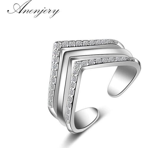 ANENJERY 925 Sterling Silver Rings For Women Multi-layer Geometrical Mosaic CZ Zircon Resizable Rings Bague S-R207