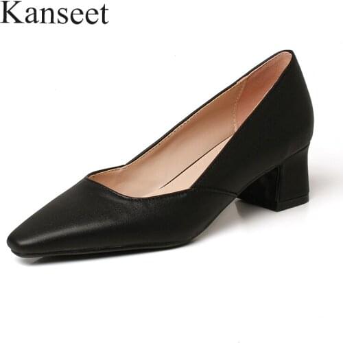 Kanseet Shallow Women Shoes 2021 Spring Autumn Square Toe Party Weddding Dress Shoes Thick Heels Pumps Concise Large Size 43