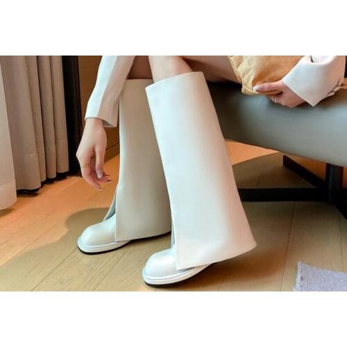 Girls White Black Cow Leather Round Toe Fold V Open Flat Knee High Boots Woman Turned Over Edge Slip On Tube Long Chimney Botas