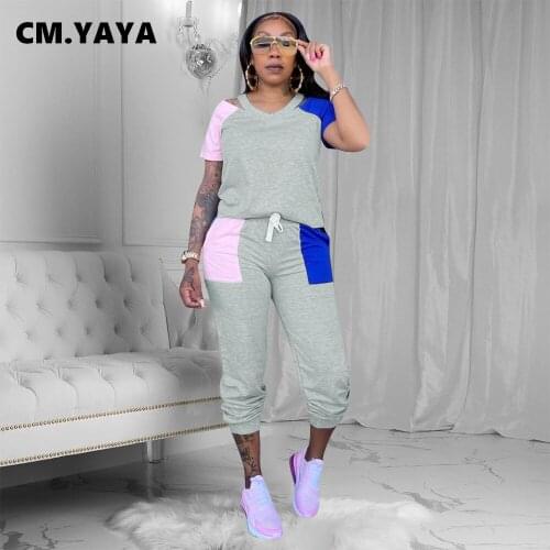 CM.YAYA Women Set Patchwork Short Sleeve Hollow Out Tops Drawstring Pocket Elastic Full Length Pant 2 Piece Set Tracksuit Outfit