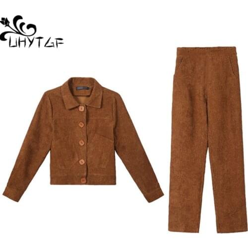 UHYTGF Womens Tracksuit Fashion Corduroy Casual Autumn Two-Piece Set Slim Short Top+Trousers Elegant Female Suit Plus Size 1280