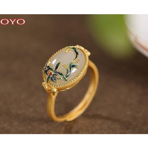 S925 sterling silver cloisonne and Tian jade ring vintage Chinese style flower vine ladies open ring