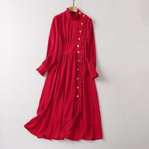High Quality Red Dress 2021 Autumn Winter Style Women Ruffled Collar Studs Button Front Long Sleeve Mid-Calf Party Elegant Dress