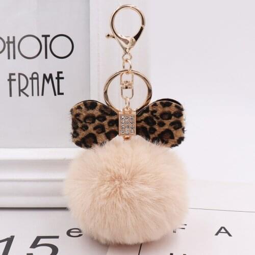 8CM Leopard Print Pompom Keychain Fluffy Faux Rabbit Fur Ball Women Handbag Pendants Car Key Ring Crystal Bow Key Chains Jewelry