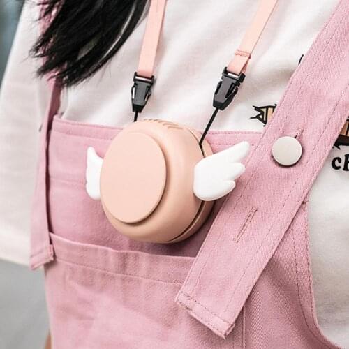 Dropshipping Mini Rechargeable Little Angel Neck Hanging Fan for Home Fanless fan Portable Cute shape Outdoor small fan