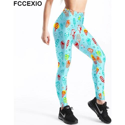 FCCEXIO New Skinny Leggings High Waist Fitness Legging Summer ice Cream Print Leggins Female Pants Women Slim Workout Leggings