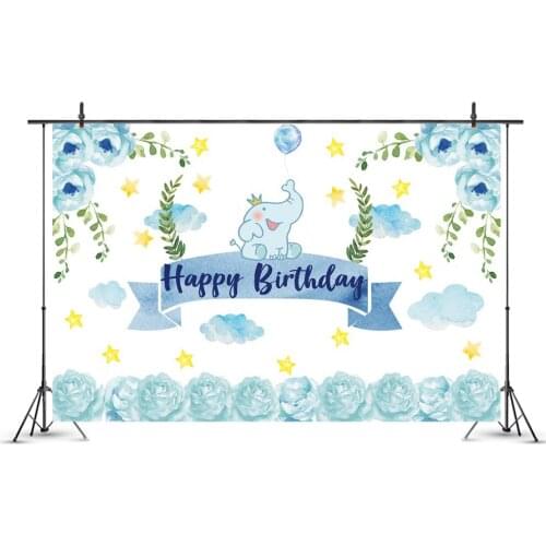 Blue Flowers and Elephant Birthday Backdrop Photography Background Photo Booth Studio Decor