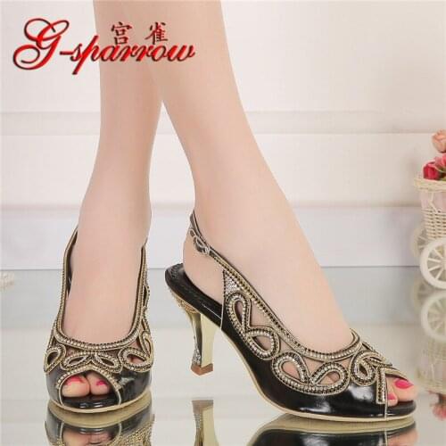G-sparrow 2019 New Summer Ladies Stiletto Peep Toe High Heel Sandals Womens Rhinestones Roman Wedding Shoes Black